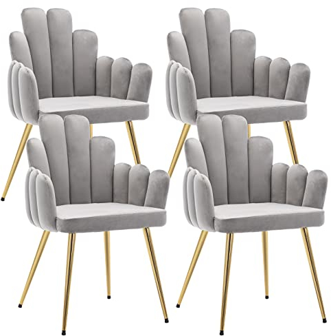 Wahson Esszimmerstühle 4er Set, Samt Polsterstuhl Muschel Sessel Küchenstuhl mit Rückenlehne Eckstuhl für Schlafzimmer Wohnzimmer,Grau
