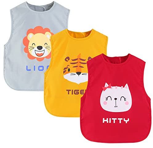 Happy Cherry Baberos Bebé Impermeables Suaves 3 Paquetes Unisex Niños Baberos sin Mangas con Bolsillo Babero de Pintura Lavable Dibujos Animados