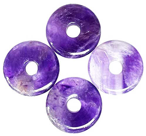 Ladeukoi Großes Loch 7mm Glückliche Münze Anhänger Perlen Charms für die Schmuckherstellung,Kristall Amulett Frieden Kreis Donut Stein Perlen Supplies 1.18(30mm), 4Pcs, Amethyst