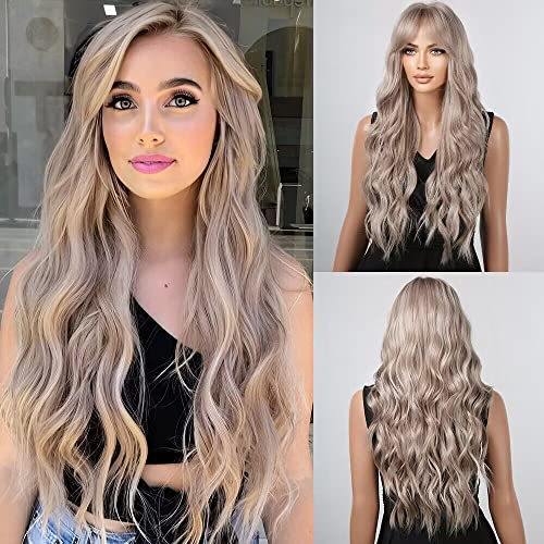 HAIRCUBE Ombre Ash Blond Perücken für Damen, Synthetisches Lockiges Haar Perücke mit Bangs für den Alltag