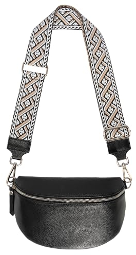 Umhängetasche Crossbody Bag Gürteltasche in Gr. M aus 100% Leder mit breitem Gurt - Helen (schwarz)