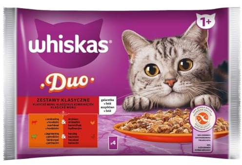 Whiskas Adult 1+ Nassfutter für Katzen Duo Classic Combos in Gelee mit Lamm und Ente, mit Rind und Geflügel 20 Portionsbeutel, 5x4x85g, Hochwertiges Nassfutter für ausgewachsene Katzen
