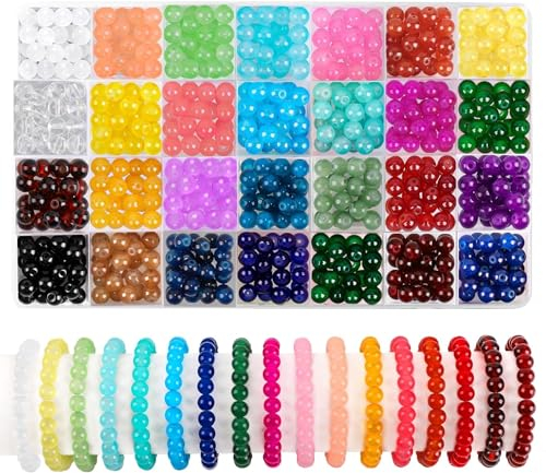 DTYDECLE 504 Stück 8mm Bunte Glasperlen zum Basteln, 28 Farben runde Bunte Basteln Perlen Schmucksteine mit Loch für die Herstellung von Schmuck Armbänder DIY Handwerk