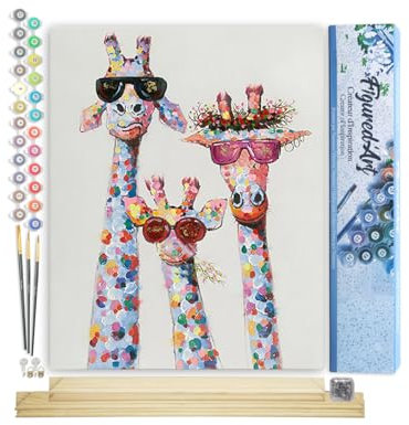 Figured'Art Peinture par Numéro Adulte Famille Girafes Pop art - Activité Manuelle Kit de Loisir Créatif DIY Numéro d'Art Complet - 40x50cm avec châssis en bois à monter