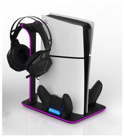 Soporte de refrigeración con estación de carga del mando para PS5 Slim, base de disipación de calor multifuncional con soporte para auriculares y estante de almacenamiento de discos (Negro)