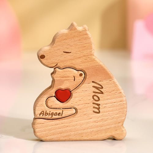 Personalisiertes Holzkunstpuzzle der Alleinerziehender Bärenfamilie mit 1-8 Namen, Holz Bär Skulpturen Desktop Ornament Weihnachts Home Tischdekoration, Geschenk für Familie, Oma, Opa Mama, Papa