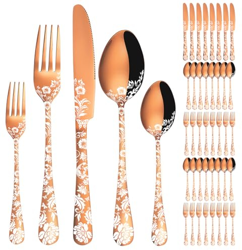 XIAOYU Set di posate con fiori di peonia da 40 pezzi Set di posate in acciaio inossidabile per 8 persone Coltelli Forchette Cucchiai Utensili da cucina, oro rosa