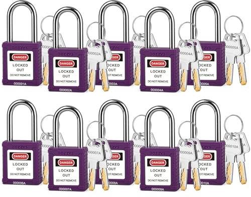 BOZZYS Candados de bloqueo de etiquetado, paquete de 10 candados loto, grillete de acero de 38 mm, cilindro de aleación de zinc, cuerpo de plástico con codificación láser personalizada