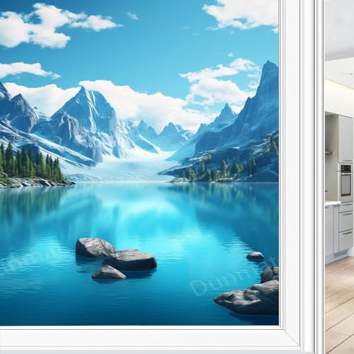 Modern Blue Lake Buntglas Fensterfolie Schöne Berg Wald Landschaft Privatsphäre Fensterfolie Glastürabdeckung Nicht klebende Fensteraufkleber für Badezimmer Küche 70 x 120 cm