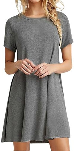 Women's Round Neck Summer Dress - Short Sleeve Mini T-Shirt Dress, Loose Casual Plain Blouse, Breathable Tunic, Gray, XL