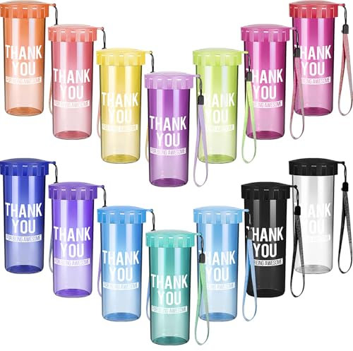 MSYU 14 Pcs Thank You Cups Bulk for Week Employee Appreciation Gifts 15oz Reusable Plastic Water Bottles with Lid Strap Inspirational Gifts for Student Nurse Team Coworker