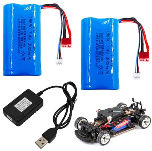 2X 7.4 V Li-ion Battery, 3000mAh Wiederaufladbare Lithium Lonen Batterien, Li-ion Power Ersatz Akku with Deans T Plug & Chargers, RC Recgargeble 2S Battery für Panzer Autos RC Fahrzeuge Roboter