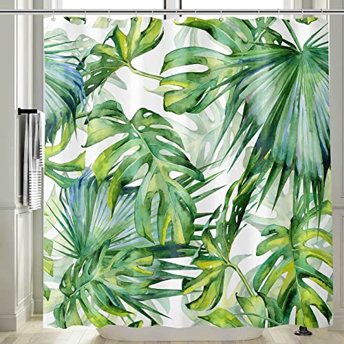Vgzsyomqib Feuille Vert Rideau Douche Anti Moisissure Imprimé Jungle Rideau de Salle Bain 120 x 200 Long Tissu Polyester Imperméable Motif Tropical Rideaux Baignoire Lavable Machine