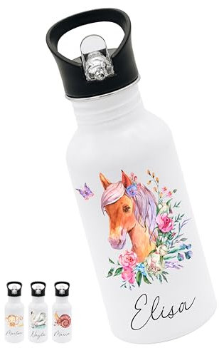 Bärenfreunde® - Personalisierte Trinkflasche Kinder Edelstahl [ 500ml ] - Robuste Trinkflasche mit Namen - Wasserflasche mit Trinkhalm - Personalisierte Geschenke für Kinder (Pferd Blumen)