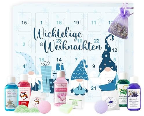vitamedes Adventskalender für Frauen Wellness, 24 kleine Auszeiten für die Seele mit Badesalz, Badekugeln, Duschseifen, Duschgelen, Entspannungsbädern und Blüten