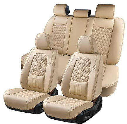 Coverado Sitzbezug Auto Set, Universal Sitzbezüge Vorne und Hinten mit Rückenlehne, Nappa Leder Autositzschutz Wasserdicht, Universell für die meisten Fahrzeuge, Beige