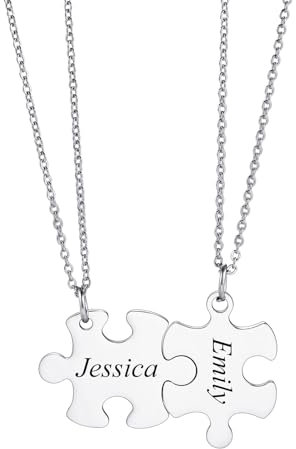 INBLUE Personalisierte Name Puzzle Stück Halskette für Frauen Puzzle-Halskette für Schwestern Beste Freundin Edelstahl Puzzle Anhänger Halskette Sets Schmuck Geschenk für Paar 02 - Silber & 2 Stück