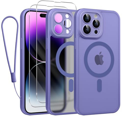 Phoona Cover Magnetica per iPhone 14 Pro Max 6,7 con Cordino e 2 Pellicole in Vetro Temperato, Compatibile con Magsafe, Custodia Traslucida Opaca Resistente Antiurto Sottile Protettiva Case, Lilla