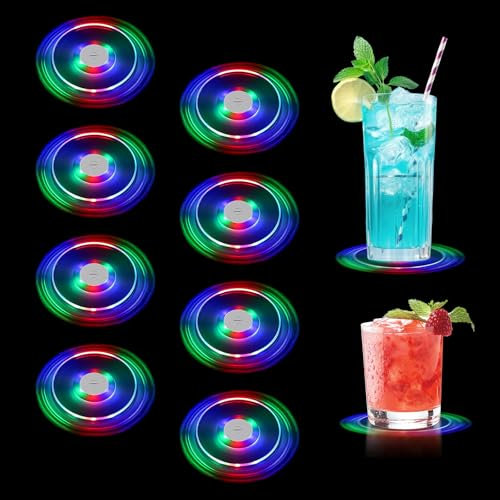 Dessous de Verre Lumineux LED, 8 Pièces Dessous de Bouteille Lumineux Transparent Rond 10cm, 3 Modes d'éclairage, Convient pour Boissons, Fête Mariage Bar-Coloré