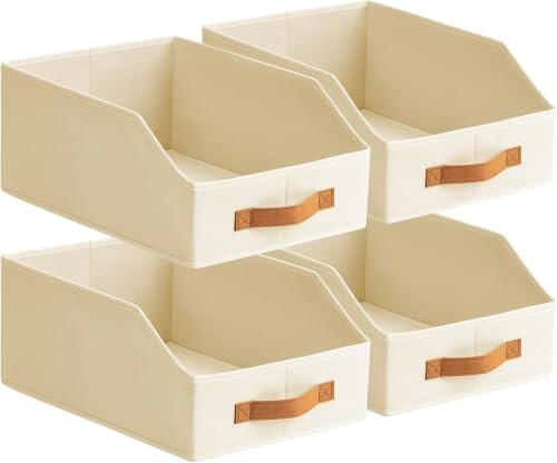 Homsorout Fabric Wardrobe Organiser - Large Foldable Drawer Dividers with Handle for Clothes, Toys, Underwear, Trapezoid Storage Boxs for Shelves, Closet and Bedroom, Beige, 4 Pack 15.7in