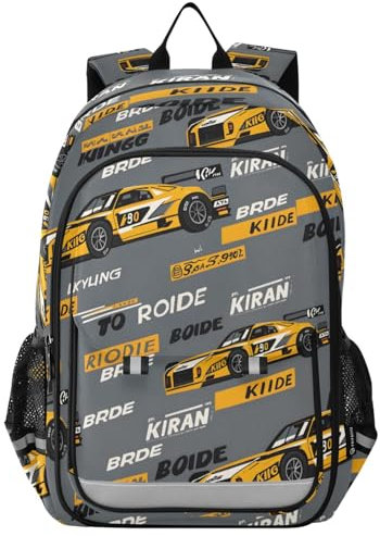 Sac à dos pour ordinateur portable - Jaune - Motif voiture de course - Pour le lycée, le collège, les voyages quotidiens