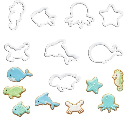 8 Pcs Sea Animal Cookie Cutters & Fondant Moulds | Whale, Shark, Dolphin, Octopus, Seahorse etc - Biscuit Baking, Cake Decorating, Chocolate Tools
