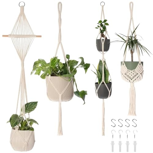 LINTRA 4 Pièces Indoor Hanging Baskets, 4 Modèles Pot Suspendu Beige, Panier Suspendu en Macramé Longueur 81/104/117 cm, Capacité de Charge 10kg, Convient pour Le Salon, la Chambre, Le Bureau