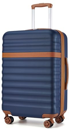 KONO Valigia Media Trolley Espandibile 65 cm ABS+PC, Blu Navy/Marrone | Guscio Rigido in ABS+PC, Leggero e Resistente agli Urti, Serratura TSA, 4 Ruote 360°, Interni Organizzati, Manico a 3 Livelli