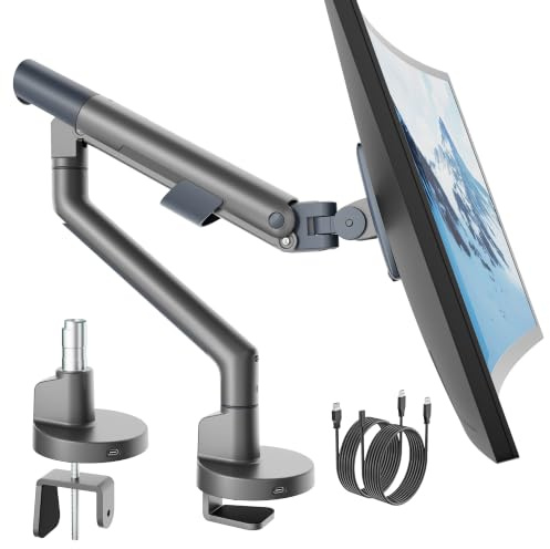monTEK Monitor Halterung für 17-40 Zoll Bildschirm mit USB, Dunkelgrau | Tragfähigkeit 11KG, Stabil, Höhenverstellbare Gasdruckfeder Monitor Arm mit Klemmschelle/ Tischdurchführung, VESA 75/100mm