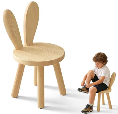 Zinueen Kinderstuhl Holz 1 Jahr+, Hasenohren-Rückenlehne, 25cm Kindertisch | Ergonomische Sitzhöhe für meisten Tische, bequeme Sitzfläche fördert auch aufrechte Haltung bei Malen, Basteln, Spielen
