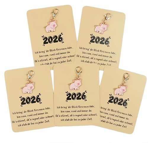 CCUUHJ Glücksschwein Anhänger 2026, Rosa, 5 Stück | Schweinchen Schlüsselanhänger mit Karte, Glücksbringer Gastgeschenke, Abschiedsgeschenk Kleine Glücksbringer