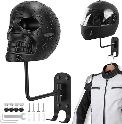 Skull Helmet Stand, Motorbike Helmet Holder Wall Mount, Sports Gear Storage | Metal Helmet Holder with Hook, 180° Rotation Wall Hanger Organizer for Motorbike Football Rugby Sports Gear Hat Cap Storage