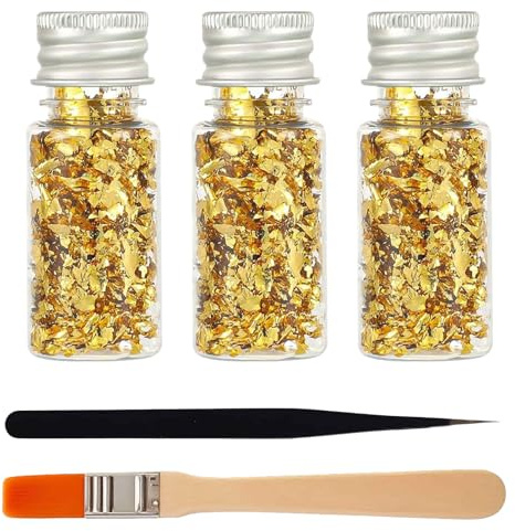 IENHDK 3 Flaschen blattgold essbar,Mit Pinzette & Pinsel | blattgold,Multifunktionale Dekoration,Nicht LeichtGeeignet für Nagelkunst, Bastelarbeiten und Dekorationen,5.5*2.2cm