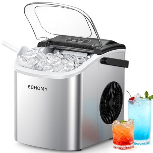 EUHOMY Ice Maker Machine Countertop, Ice Cube Maker with Portable Handle | 9 Ice Cubes in 6 Mins Self-Cleaning Function 12 kg in 24 Hrs Ice Scoop and Basket For Home/Kitchen/Office/Bar
