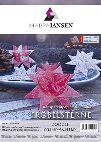 Transparentpapierstreifen für Fröbelsterne - (2 x 60 cm, 60 Streifen, 115 g/m²) - Doodle Weihnachten weiß / rot
