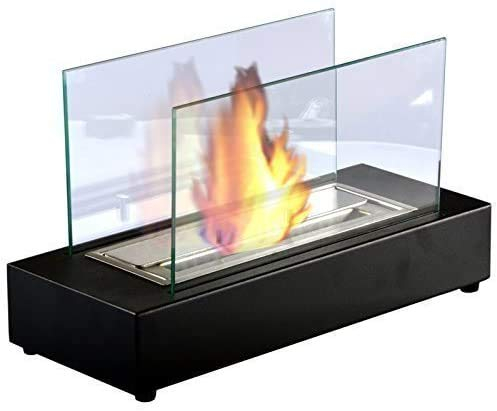 Berlin Tischkamin Bio Ethanol Tischfeuer mit Sicherheitsglas Kamin Luxuskamin Gelkamin Glasfeuer Dekofeuer Standkamin Avantgarde Sockel & Glaswand 40 x 16 x 24 cm, 1200 ml Brenner Schwarz Klar