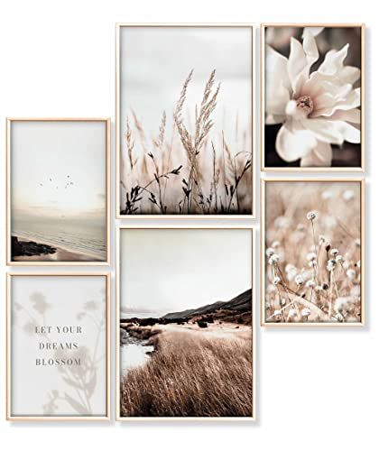 Heimlich® Premium Poster Set OHNE Bilderrahmen | 2 x DIN A3 & 4 x DIN A4 - ca. 30x42 & 21x30 | Stilvolle Poster Collagen mit passenden Bilder als Wanddeko » Meer Strand Blumen «