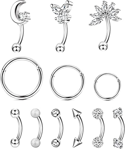CASSIECA 12pcs 16G Rook Piercing Schmuck Augenbrauen Ringe Edelstahl Bauchlippenring Knorpel Hoop Rook Daith Ohrringe Tragus CZ Piercing Gebogene Langhantel