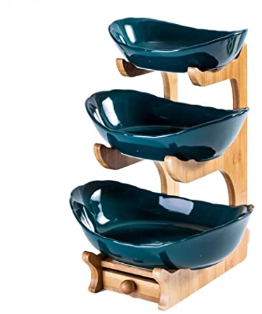 Simcat Fruit Plate Set Fruit Basket for Kitchen Counter, Ceramic Fruit Bowl,Large Capacity Fruit Bowl Set with Holder, Bamboo Fruit Serving Tray (Three Layer Dark Green)