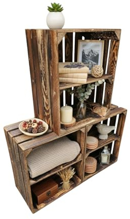 Teramico Holzkisten geflammt 50x40x30cm (3 x Boden Kurz) | Geflammte Vintage Weinkisten im Set als Regal oder zur Aufbewahrung nutzen. Perfekt für stilvolle Dekoration im Wohnzimmer.