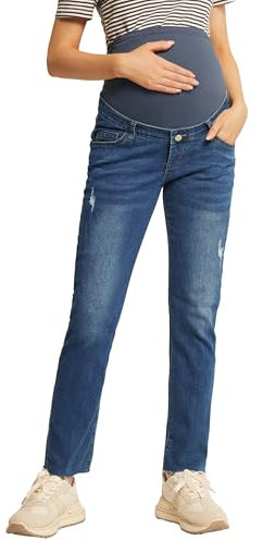 Maacie Pantalon de grossesse en jean stretch avec jambe droite pour printemps et été, Bleu jean coupe cigarette, L