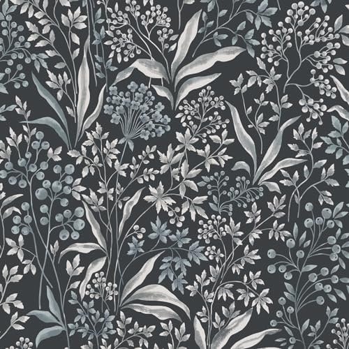 Yomshi Self Adhesive Wallpaper Leaf 41×300cm Peel and Stick Wallpaper Silver Decorative Vinyl Wrap Stick on Wallpaper Floral Berry Wallpaper Dark Blue Wallpaper for Living Room Bedroom Kitchen