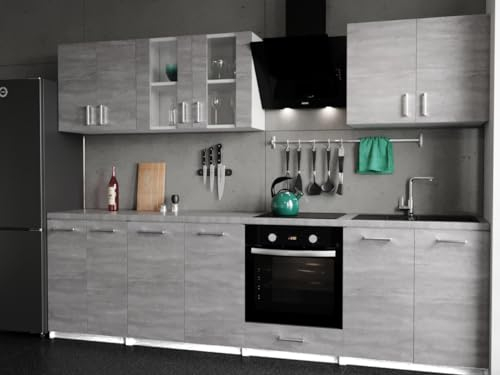 roe furniture Küchenzeile ohne Elektrogeräte - Modern Einbauküche 280 cm - Küche Komplett Leco - Küchenblock - Geräumige Singleküche - Küchenmöbel Komplett Beton & Beton Arbeitsplatte