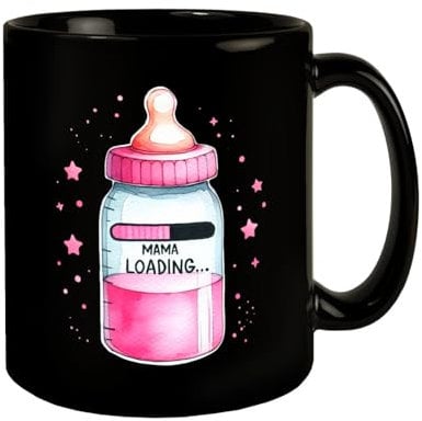 Werdende Mama Babyflasche Tasse in Schwarz mit Spruch Mama Loading Rosa Babyflasche mit Ladebalken zeigt das Aufladen zur werdenden Mutter an