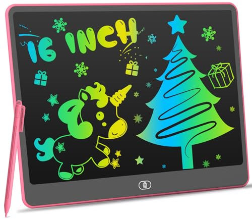 LCD Schreibtafel Spielzeug für Kinder,16 Zoll Farbenfrohes Zeichentablett, Bunte Kritzeleien, Auto-Reise-Schulspiele, Geschenke für 3-8 Jährige Mädchen Jungen(Rosa)