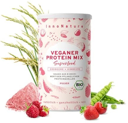 InnoNature Bio Erdbeere+Himbeere Protein Mix I mit 8 pflanzlichen Proteinquellen und hochwertigem Beerenpulver I 450g | Vegan & ohne künstliche Süßungsmittel