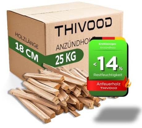 Anzündholz 25 KG THIVOOD – 18 cm Anfeuerholz für Zuhause – trockenes Kaminholz aus Fichte und Kiefer – Anmachholz ofenfertig und ideal für Feuerschale, Pizzaofen, Grill und Kamin
