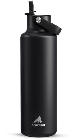 POWCAN 710 ml/24 oz Insulated Water Bottle for Outdoors: Leakproof, Flex Cap, Lightweight, Cold for 24 Hrs, Stainless Steel Thermos with Straw for Travel, Trip, Hiking, Biking, Sport (Midnight Black)