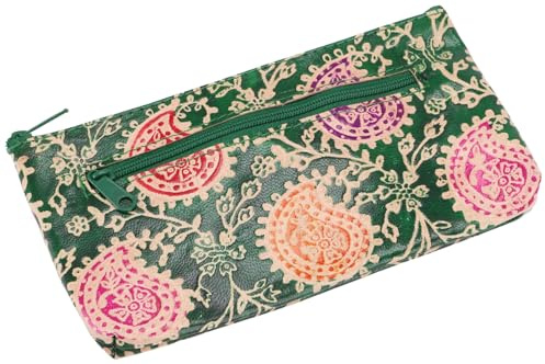 Mäppchen aus geprägtem Leder, Kosmetikbeutel, Federtasche, grün/bunt | 100 % Leder, zwei Reißverschlussfächer, ideal für Stifte und kleine Gegenstände, vielseitig einsetzbar