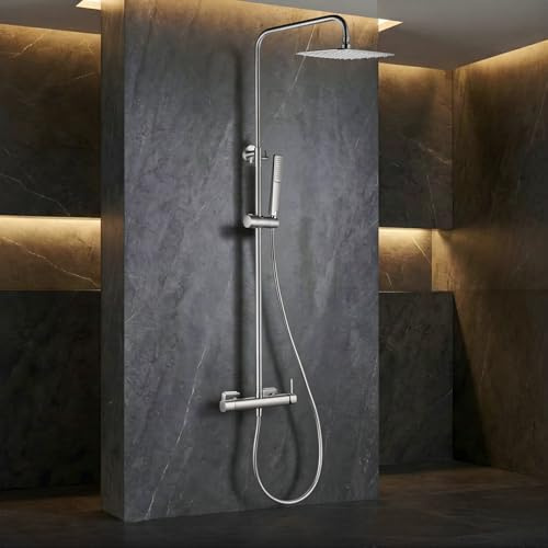 IMEX - Columna Ducha Níquel Cepillado Monomando con Grifo | Conjunto de Ducha con Alcachofa y Rociador Antical | Griferia en Latón y Acero Inox S.304 con Barra Extensible | Serie Toscana